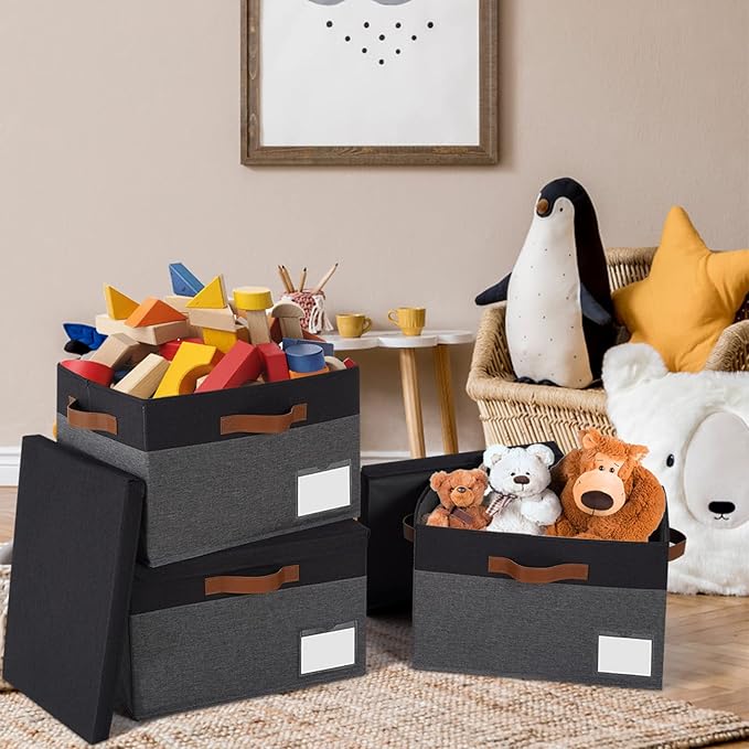 GhvyenntteS Extra Large Storage Bins with Lids, Foldable Fabric Storage Boxes with Lids and Handles, Storage Baskets with Lid and Label for Home Office (3 Pack, Grey&Black, 15.75" x 11.8" x 10.2")
