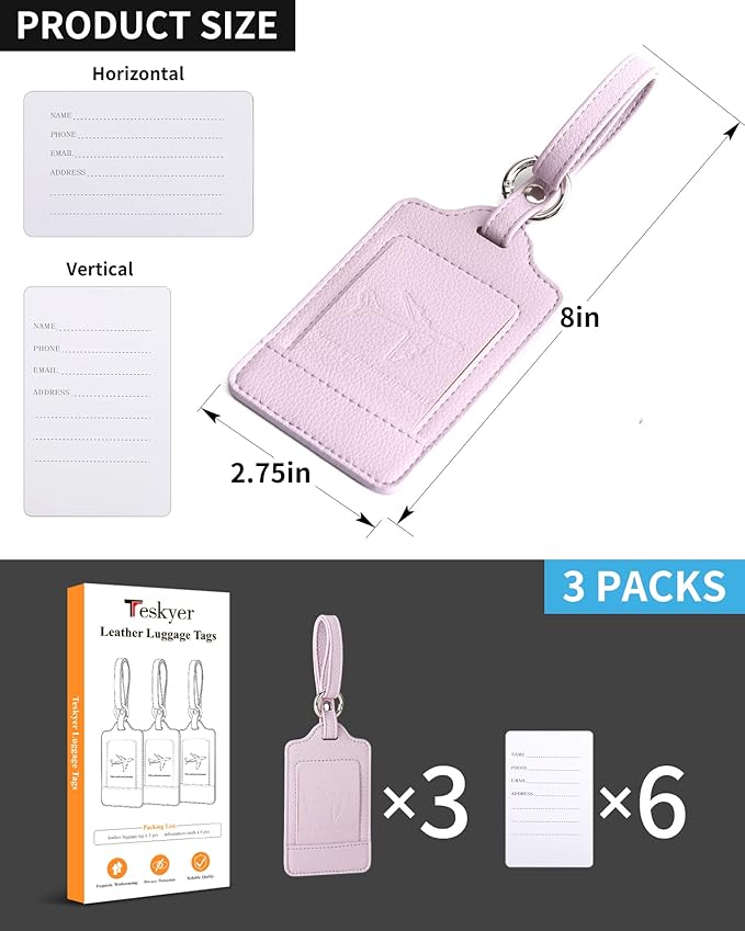 Teskyer Luggage Tags, 3 Pack Premium PU Leather Luggage Tags for Suitcases, Privacy Protection Travel Bag Tags, Lichee Lilac
