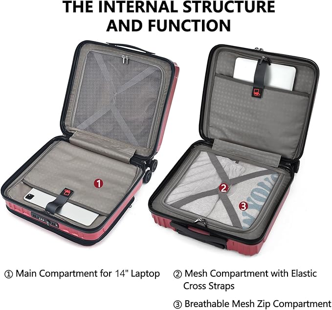 TydeCkare 16" Carry on Luggage with 2 Laptop Compartments, Lightweight Hardshell ABS+PC Suitcase with Dual Control TSA Lock, with YKK Zipper, 4 Spinner Silent Wheels, for Business Travel, Wine Red