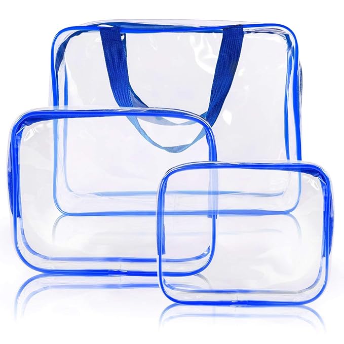 6Pcs Crystal Clear PVC Travel Toiletry Bag Kit for Women Men, Waterproof Vinyl Packing Organizer Storage Bags with Zipper Handle Straps, Cosmetic Pouch Carry on Airport Airline Compliant Bag Handbag