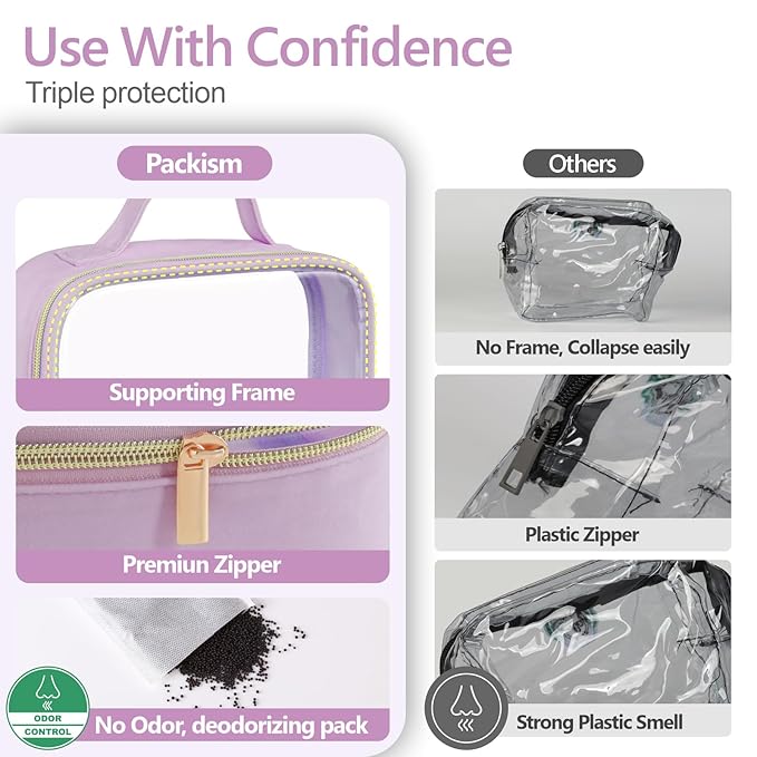 PACKISM Clear Makeup Bag - 2 Pack TSA Approved Toiletry Bag with Handle and 180° Large Opening, Sturdy Clear Toiletry Bag Fit Carry-on Travel Essential, Travel Bags for Toiletries, Purple