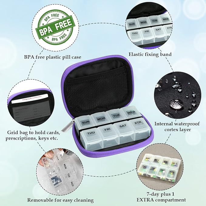 Serfeymi Weekly Travel Pill Organizer Case for Purse with Removable 7 Day Box, Fashionable Pill Container for Medicine, Vitamin, Supplement - Purple 01