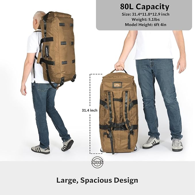 STOVER 80L Rolling Duffel Bag with Wheels, Large 31 Inch Durable Travel Duffle Bag + Toiletry Bag, Heavy Duty, Packable, Foldable w/Shoulder Straps- Use as Luggage or Backpack, Men/Women (Tan)