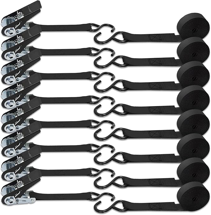 XSTRAP STANDARD Ratchet Tie Down Straps 8PK 1'' x 10 ft - 900 LB Break Strength Cargo Straps for Moving Appliances, Lawn Equipment, Motorcycle (Black)