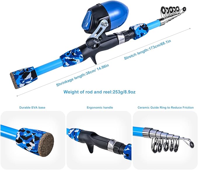 LEOFISHING 170cm/5.6ft Kids Fishing Rod Set Portable Telescopic Kids Fishing Poles with Collasible Chair Fishing Net Carrier Bag and Full Kits for Boys and GirlsBeginner and Youth