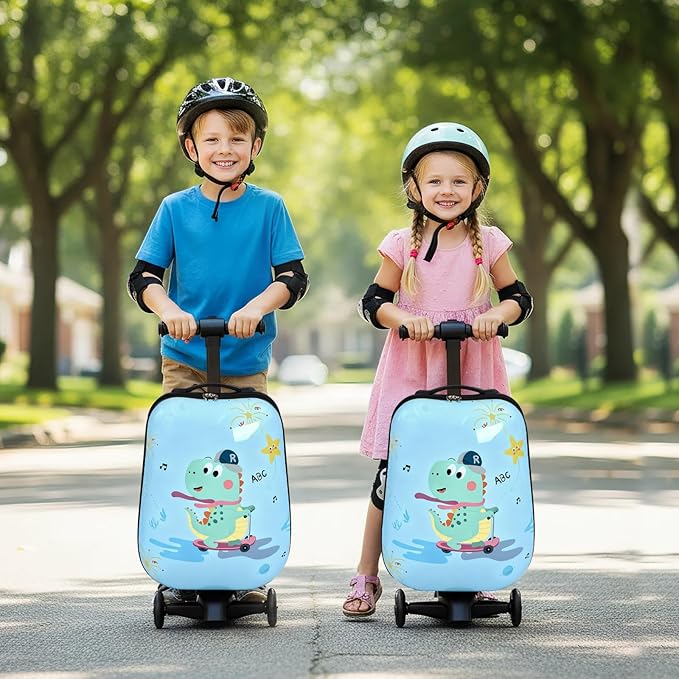 4-in-1 Detachable Scooter Luggage for Kids & Teens – Hardside Ride-On Suitcase with Led Light Up Wheels, Dinosaur Design, Lightweight Foldable, Perfect Travel Gift for Boys(Light Blue 22-inch)