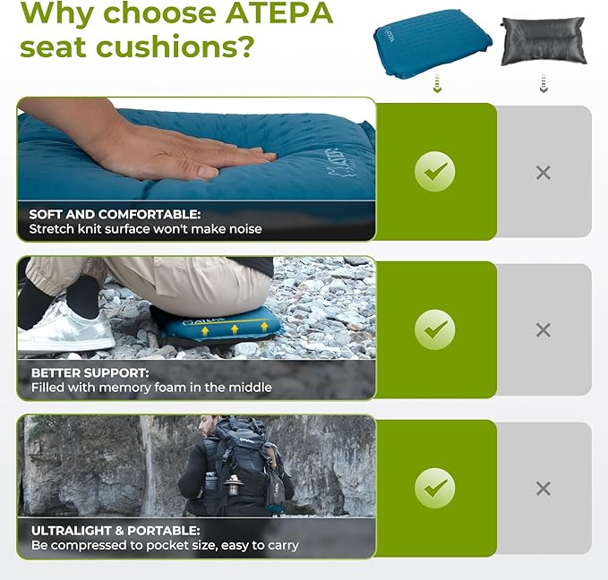 ATEPA Inflatable Stadium Seat Cushion, Self-Inflating Memory Foam Stadium Seats Bleacher Seat Chair Cushion Pad for Airplane Travel Backpacking Sports Events