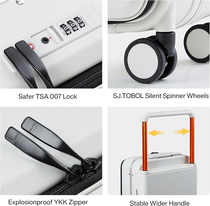 MILADA Wide Handle Luggage with Front Pocket Hardshell Aluminium Check In Suitcase with Wheels Medium 24 Inch Front Opening Checked Luggage with Spinner Wheels TSA Lock Airline Approved Luggage, White