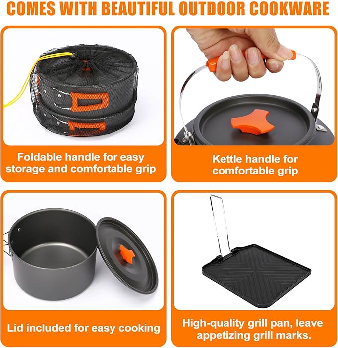 Hisencn Portable Camping Stove, 2 Burner Foldable Camp Stove, 20000 BTU Folding Gas Stove, Portable Propane Stove with Carry Bag, Adjustable Burners & Piezo Ignition, Includes Frying Pan, Kettle, Pot