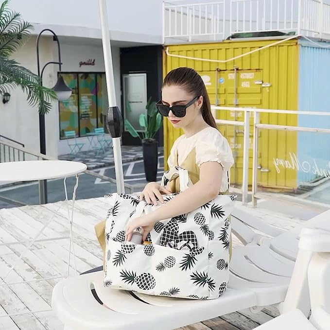LEDAOU Large Beach Tote Bag Women Waterproof Sandproof Zipper Beach Tote Bag for Pool Gym Grocery Travel with Wet Pocket