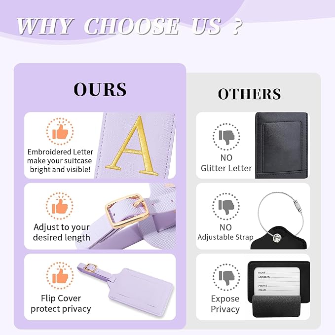 Personalized Initial Luggage Tags for Suitcase, Purple Leather Cute Luggage Tags with Privacy Cover Name Card, Embroidered Custom Monogrammed Luggage Tag Travel Backpack Tags Gifts for Women Kids(A)