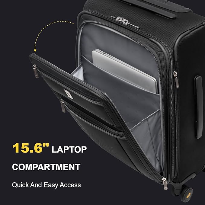 LEVEL8 Carry On Luggage Airline Approved with Compartment, Softside Expandable Rolling Suitcase with Spinner Wheels, Black, Carry-On 20-Inch