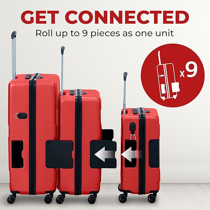 TACH V3.1 Hard Shell 3 Piece Luggage Set - 20, 24 & 28 inch Luggage | Carry On, Medium & Large Checked Suitcases | Patented Built-In Connecting System | Rolling Suitcase Links 9 Bags (Red)
