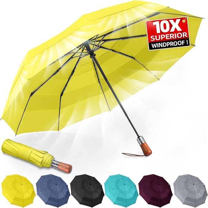 3T Wind Armor Travel Umbrella Compact Easy Auto Open Close Folding Umbrellas for Rain Windproof Umbrella for Women and Men Durable Real Wood Handle Portable Fits Backpack Car
