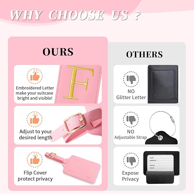 Personalized Initial Luggage Tags for Suitcase, Pink Leather Cute Luggage Tags with Privacy Cover Name Card, Embroidered Custom Monogrammed Luggage Tag Travel Bag Baggage Tags Gifts for Women Kids(F)