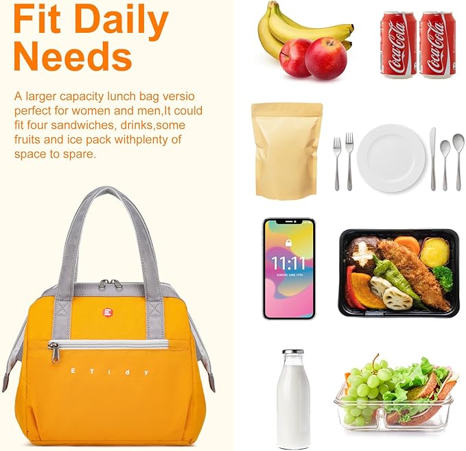 ETidy Fashionable & Lightweight Reusable Lunch Bag Large Capacity Waterproof & Leak Proof Lunch Box Insulated Cooler Lunch Tote For Women Adult To Work Travel Outdoor(Black)