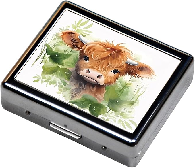 Silver Vintage Pill Box 7 Day Metal Pill Box with Mirror and 8 Compartments Cute Travel Pill Organizer for Purse (Watercolor Highland Cow)