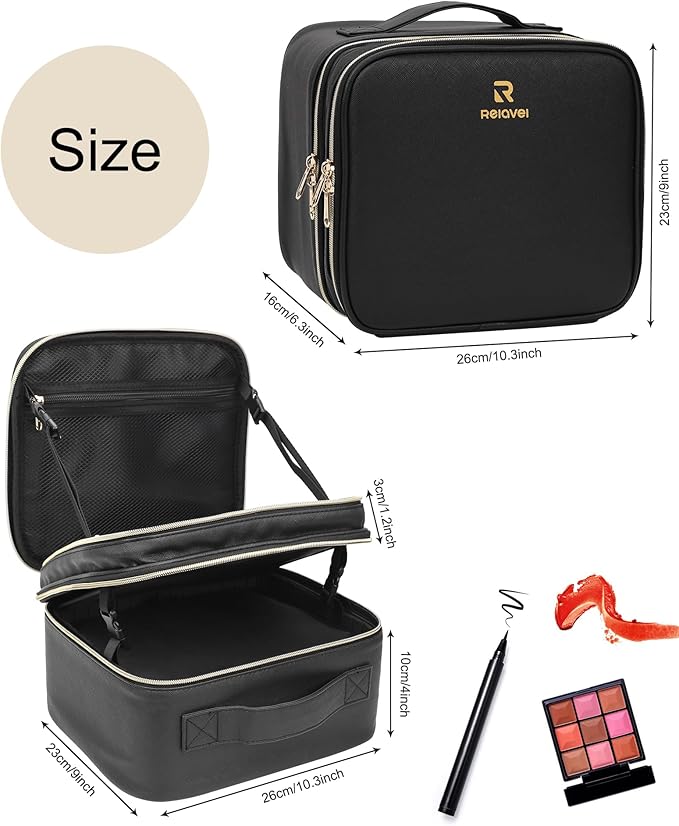 Relavel Makeup Bag with LED Mirror, Travel Makeup Case with Rechargeable Lighted Mirror 3 Color Lights, Dual Layer Cosmetic Box Makeup Brush Lipstick Holder Organizer for Women, Leather Black