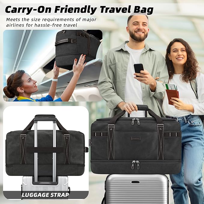 ZOMFELT Travel Duffle Bag for Men, Waterproof Canvas Overnight Duffel Bag with Removable Dividers & Shoe Compartment, Carry On Weekender Gym bag, Multi-Pocket & Vintage Design (Washed Black)