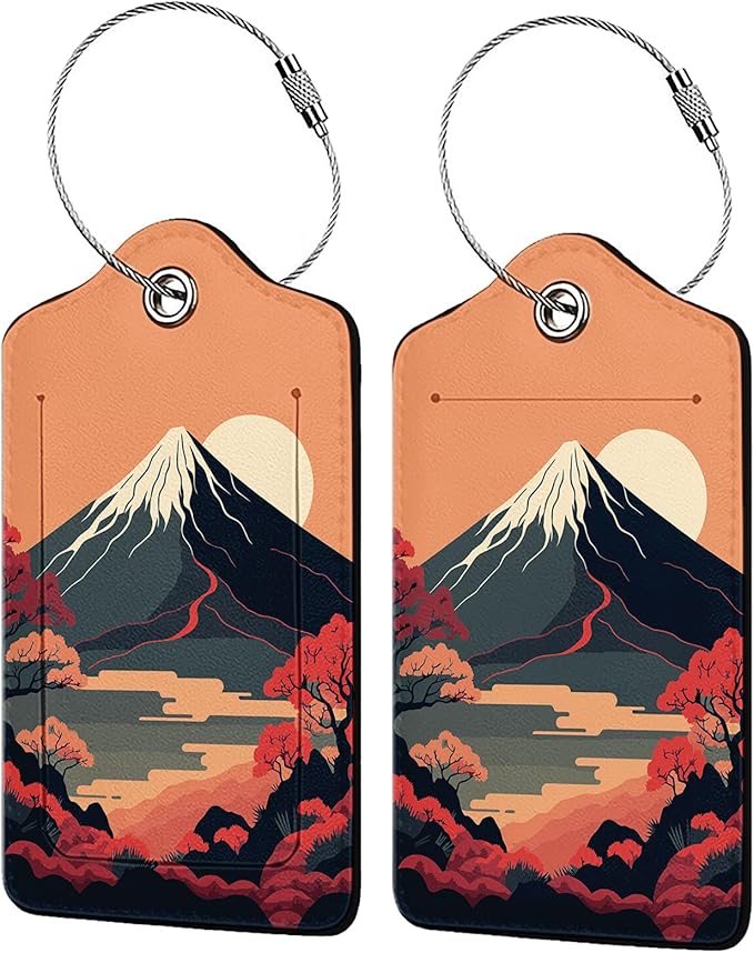 Mount Fuji 2-Pcs Premium Leather Tags with Privacy Covers,Luggage Tag Stainless Steel Loops Ideal for Suitcases, Travel Bags, Backpacks