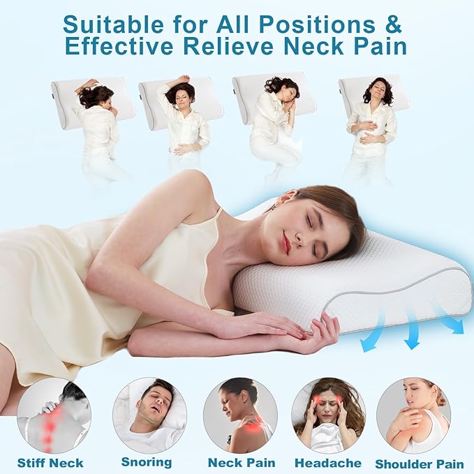Memory Foam Pillows Cervical Pillow for Neck Pain Relief, Ergonomic Pillow for Shoulder Pain, Orthopedic Contour Pillow for Side Sleepers, Neck Support Pillows for Sleeping with Cooling Pillowcase
