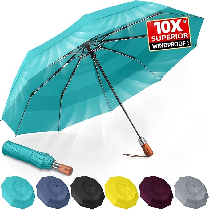 3T Wind Armor Travel Umbrella Compact Easy Auto Open Close Folding Umbrellas for Rain Windproof Umbrella for Women and Men Durable Real Wood Handle Portable Fits Backpack Car