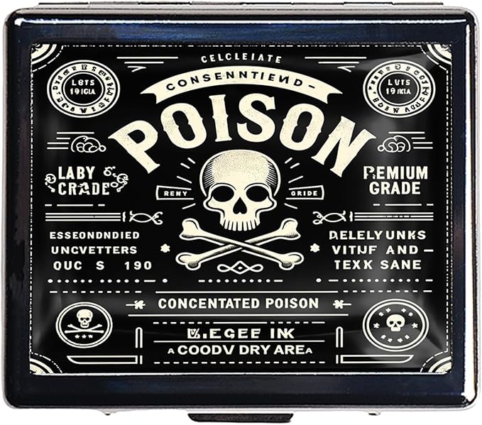 Cute and Portable Metal Pill Organizer – 8 Compartments, Elegant Chrome Finish, Ideal for Travel and Daily Use (Poison Label Retro)
