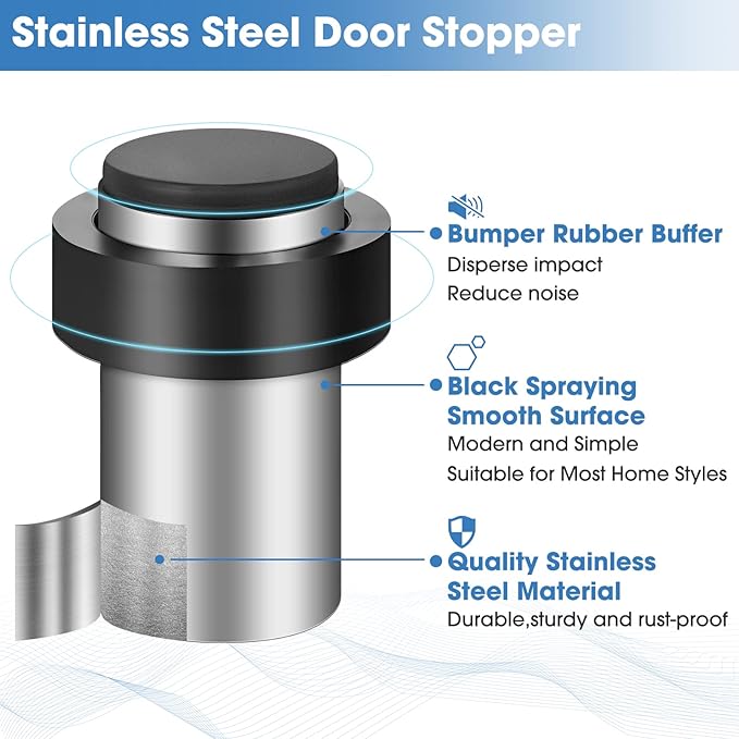Chumia 10 Pcs Door Stopper Mounted Floor Stops Stainless Steel Cylindrical Stopper Modern Decorative Rubber Bumper Stops Holder Wall Protector for Bottom or Top of Door (Silver)