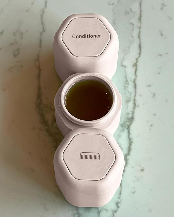 Cadence Travel Containers Haircare Capsule Set - Magnetic Containers with Lids,Carry On Travel Essentials For Women/Men - 3 Flex Mediums (1.32oz) - Shampoo, Conditioner & Comb Icon Labels - Petal