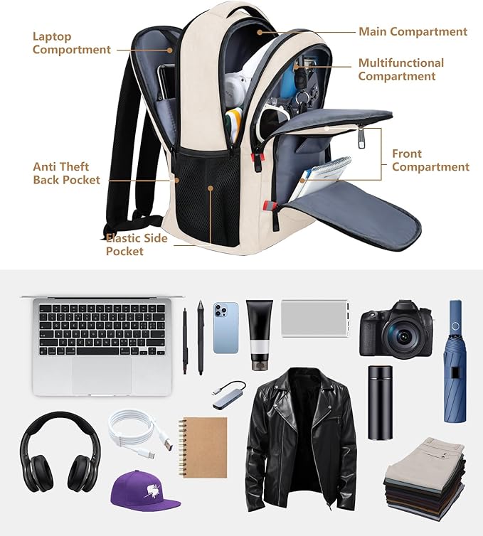 Travel Laptop Backpack for Women, School Backpack with USB Charging Port,Water Resistant Backpack for Girls, Business Work College bookbag,book bag Fits 15.6 Inch,Beige Back Pack