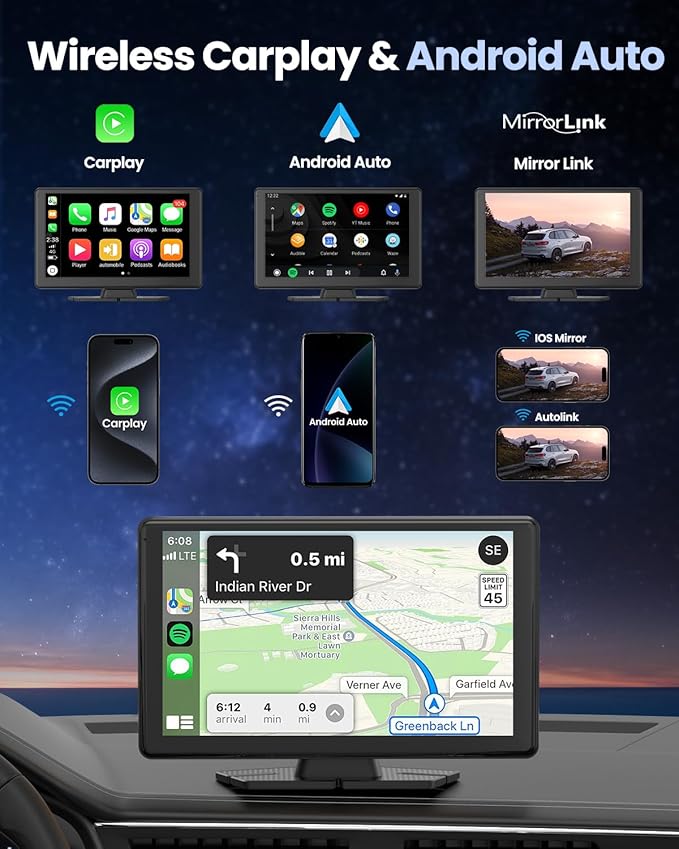 Wireless Carplay Screen for Car with 5K Dash Cam, 9" Portable Apple CarPlay & Android Auto Car Stereo with 1080p Backup Camera, Bluetooth/GPS Navigation/Voice Control/Mirror Link