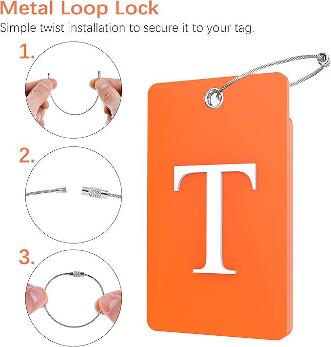 Gostwo 2 Pack Luggage Tags for Suitcases, 26 Initial Letter Travel Luggage Baggage Identification Labels ID Tag Fully Bendable Tags with Stainless Steel Loop (Orange) (Letter T)