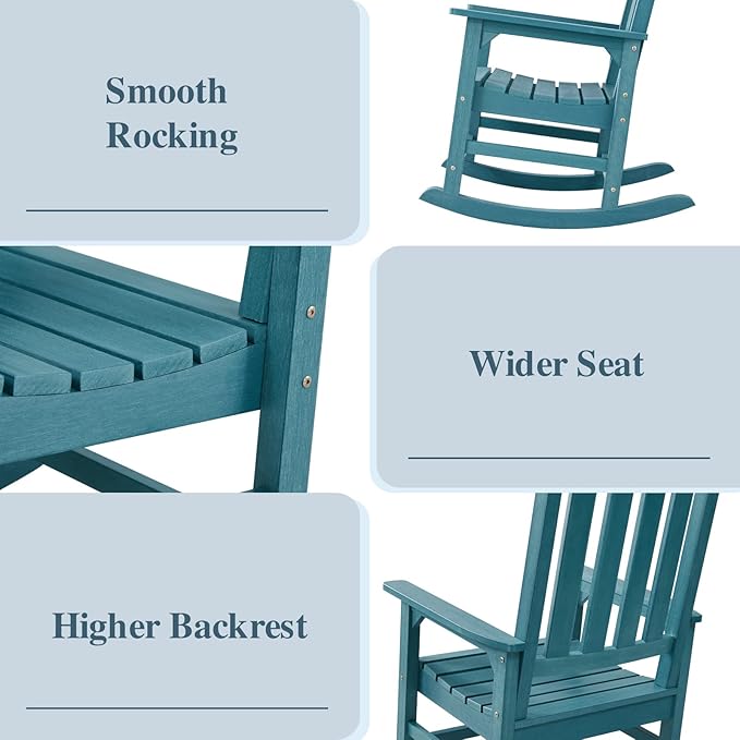 Psilvam Oversized Outdoor Rocking Chair, with 21" Wide Seat and 32" Tall Backrest, Pre-Assembled with Most Components for Effortless Installation (Blue)