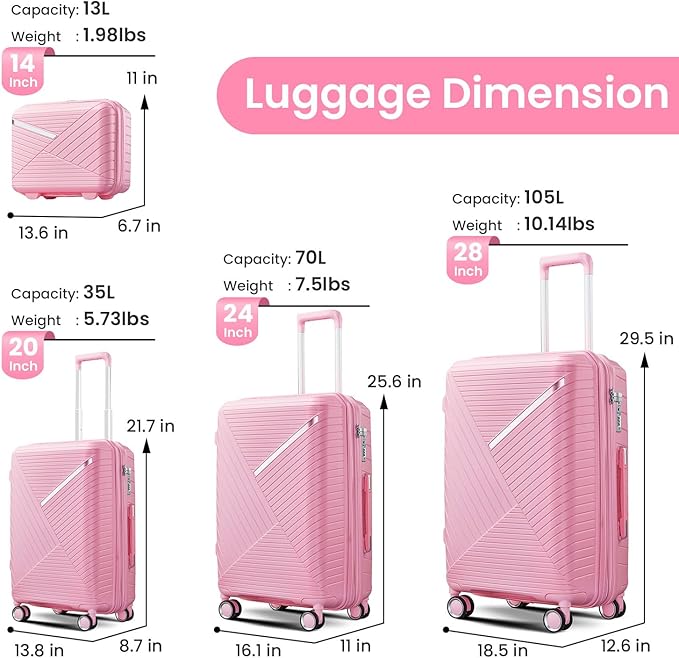 Campfun Luggage 4 Piece Sets, Expandable Carry On Luggage Set Hardshell PP, Suitcase Set with Double Spinner Wheels, Checked Durable Lightweight with TSA Lock, 14in 20in 24in 28in-Pink(B)
