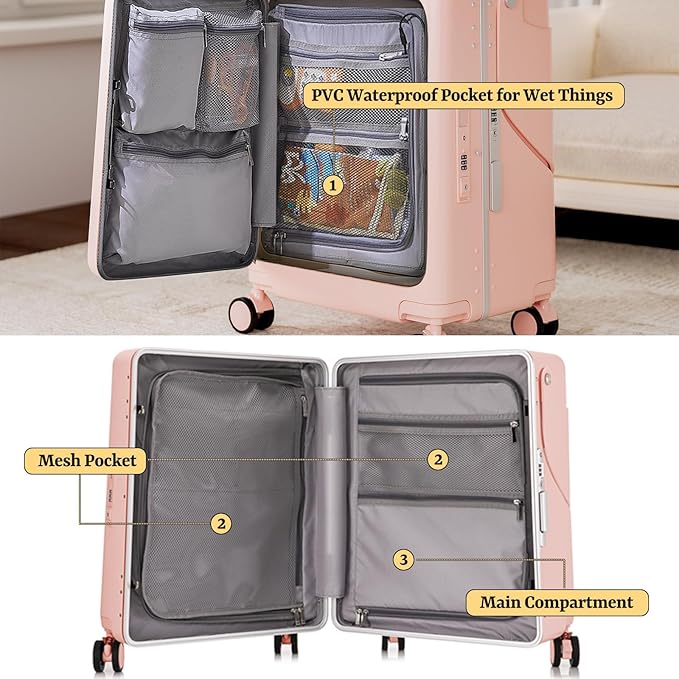 20" Hardshell Carry On Suitcase with Seat for Kids & Adults,Travel Luggage with Front Pocket & 4 Lockable Spinner Wheels, TSA Lock, USB Port, Luggage Cover, Safty Seatbelt