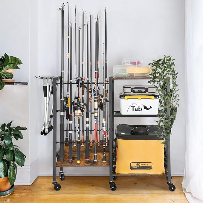 Olakee Fishing Rod Holder, Fishing Pole Holders for Garage Boat Home Entryway Fishing Gear Storage with Tackle Cart Ideal Gift for Men Dad Anglers Corner Design for Rods and Equipment Organizers