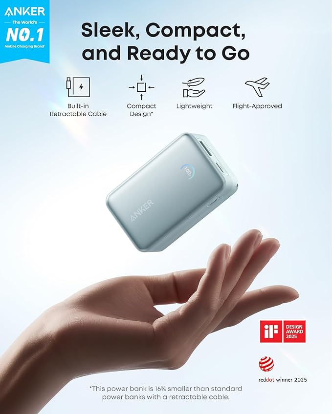 Anker Nano Power Bank, 10,000mAh Portable Charger with 2.3 ft InstaCord Retractable Cable, 45W Max Compact Battery Pack, Smart Display, for iPhone 16/17 Series, iPad, Galaxy, Pixel, and More