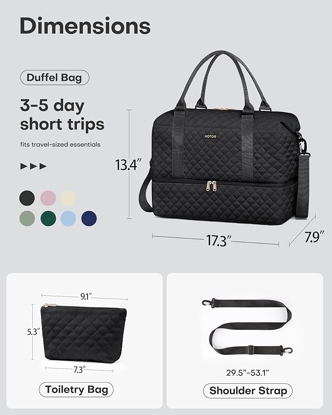 HOTOR Travel Duffel Bag - Weekender Bags for Women, Carry On Overnight Bag with Shoe Compartment, with Toiletry Bag for Travel Essentials and Travel Accessories, Black, 13.4"×17.3"×7.9"