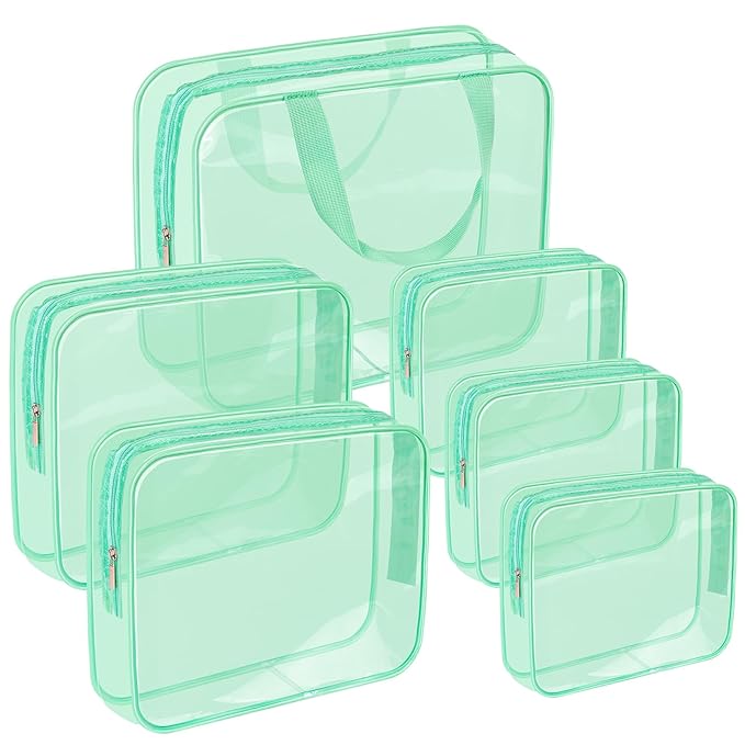 APREUTY Clear Makeup Bags, TSA Approved 6 Pcs Cosmetic Makeup Bags Set Clear PVC with Zipper Handle Portable Travel Luggage Pouch Airport Airline Vacation Organization (Mint Green)