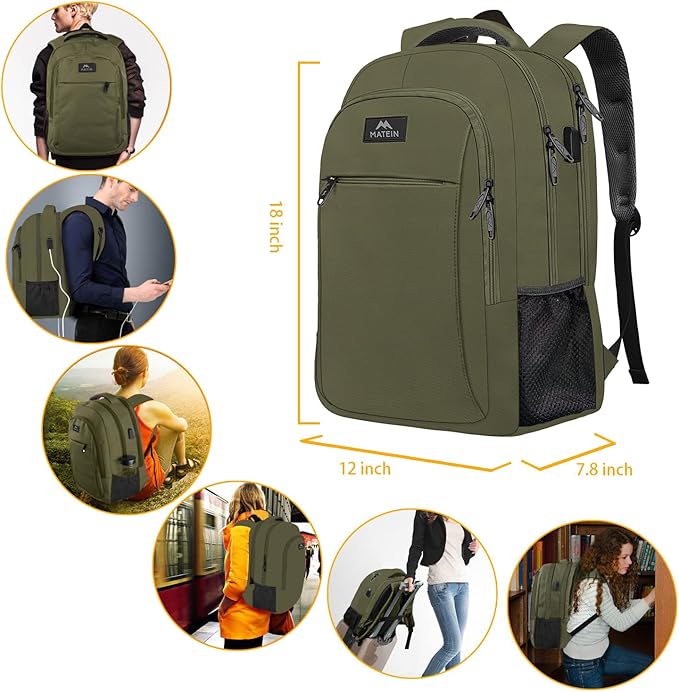 MATEIN 15.6 Inch Travel Laptop Backpack, Sturdy Computer Backpack for Women Men with USB Charging Port, Lightweight Fashion Water Resistant Traveling Backpack Casual Daypack for College Offic, Green