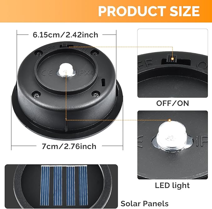 ELUTENG Solar Light Replacement Top 4 Pack (Top Size 2.76 inch, Bottom Size 2.42 inch) LED Solar Lantern Light Lids Outdoor Waterproof Replacement Solar Light Tops Warm White LED