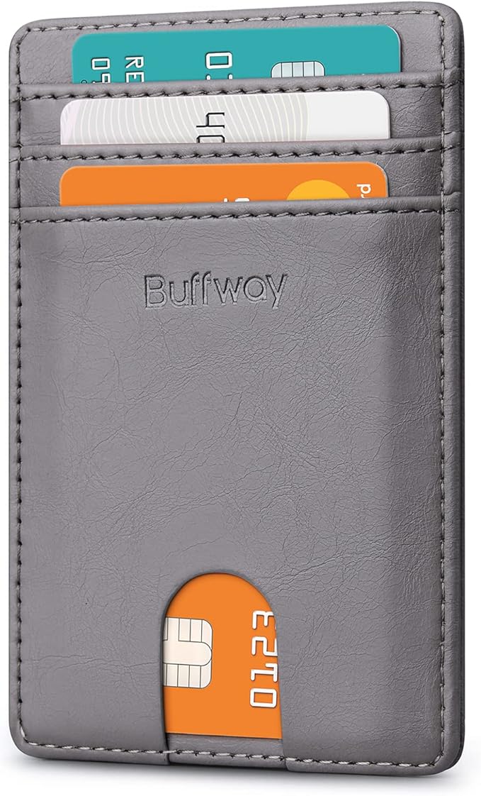 Buffway Mens Slim Wallet, Minimalist Thin Front Pocket Leather Credit Card Holder with RFID Blocking for Work Travel