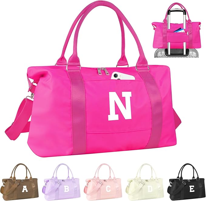 Overnight Bag for Kids Teen Girls Weekender Dance Bag Birthday Graduation Gifts,Initial Travel Duffel Bag Sports Gym Bag Personalized Weekender Bag Carry On Bags Preppy Gifts for Women(Hot Pink, N)