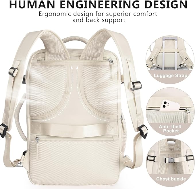 Travel Backpack for Women, Large Carry On Backpack for Travel, Waterproof Backpack Personal Item, Backpack for Women, laptop backpack 17.3 inch, College Bag Casual Daypack, Beige