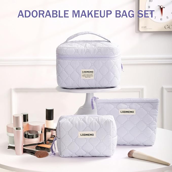 Makeup Bag 3 PCS Cosmetic Bags for Women, Large Travel Make up Bag Set Cute Cotton Toiletry Bag Organizer Pouch for Purse, Purple
