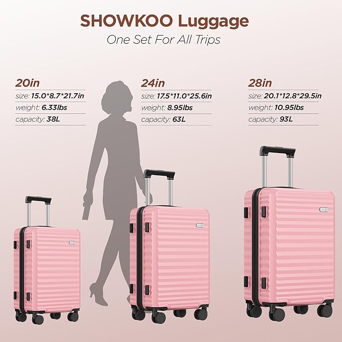 SHOWKOO Luggage Sets 3 Piece Hardside Expandable Suitcase with Double Spinner Wheels Tsa Lock Pink (20in/24in/28in)