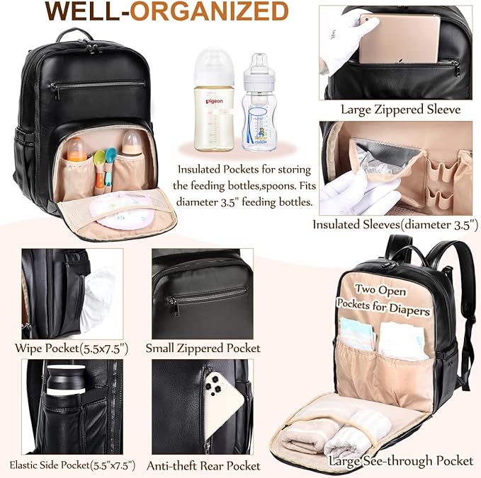 VASCHY Diaper Bag Backpack for Mum Dad, Unisex Large Waterproof Vegan Leather Baby Bag with Changing Pad,Insulated Pockets,Padded Laptop Sleeve for Travel,Black