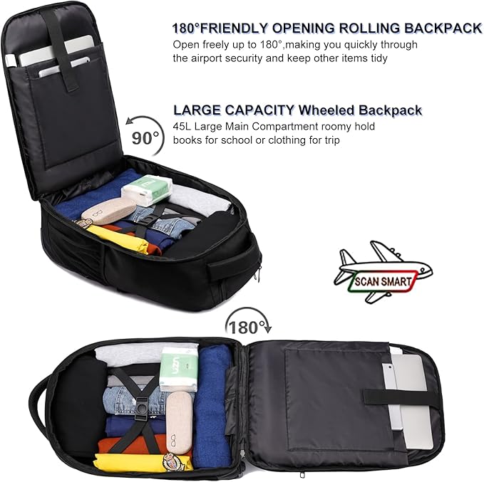 Rolling Backpack, Large Backpack with Wheels for Men Women Adults, 17inch Waterproof Wheeled Travel Laptop Backpack Carry on Luggage Bag Trolley Suitcase Business College School Computer Bookbag,Black