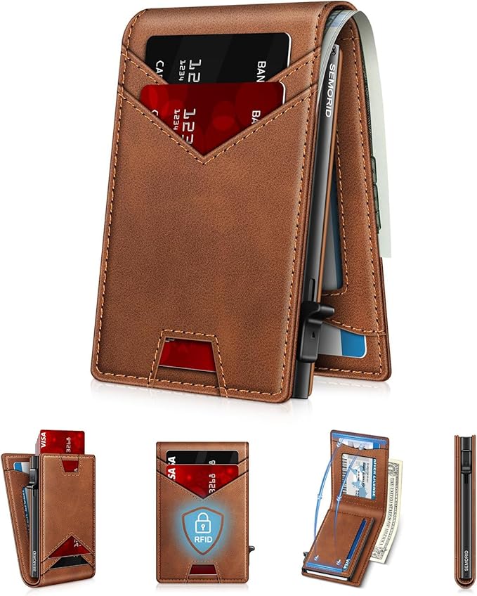 Wallet for Men Wallet with Slim Pop Up Card Holder for 12-14 Cards, RFID Blocking Bifold Minimalist Smart Wallet, Credit Card Holder with ID Window & Cash Slot, Compact Metal Card Case, Gifts for Men