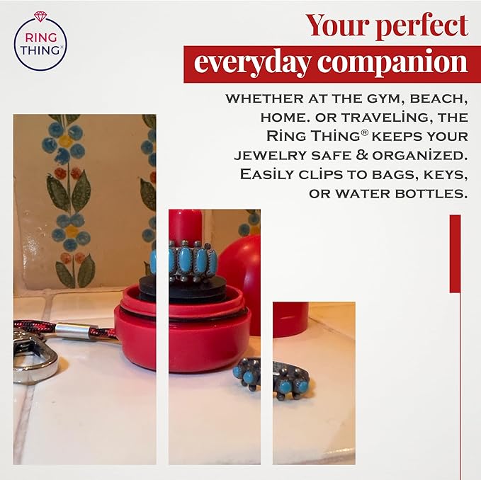 RING THING - Ring Holder Keychain, Jewelry Organizer and Storage, Portable Waterproof Ring Case, Pill Box Container, Gym and Travel Accessory (Ruby Red)